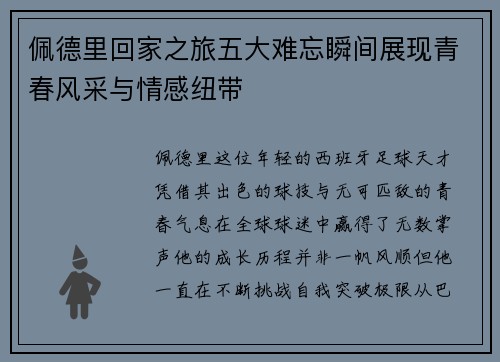 佩德里回家之旅五大难忘瞬间展现青春风采与情感纽带